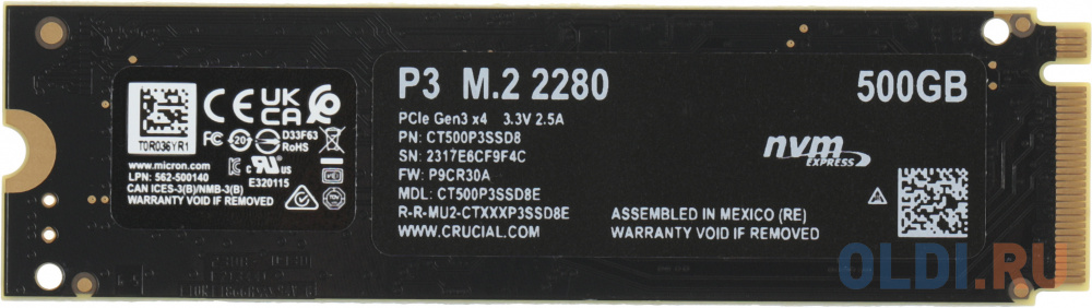 Crucial SSD P3, 500GB, M.2(22x80mm), NVMe, PCIe 3.0 x4, QLC, R/W 3500/1900MB/s, IOPs н.д./н.д., TBW 110, DWPD 0.1 (12 мес.)