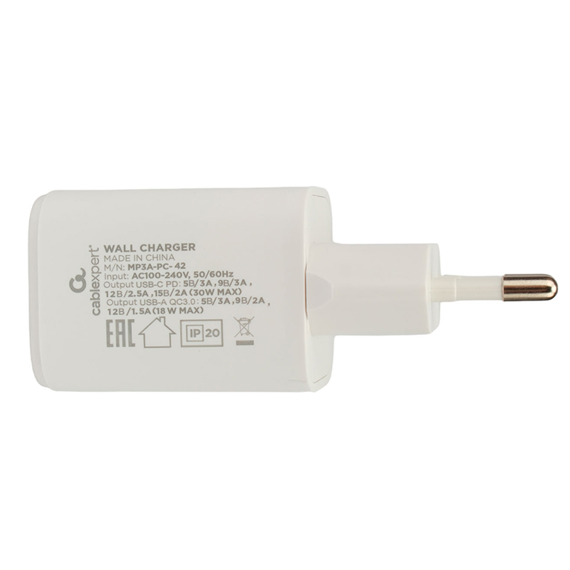 Зарядное устройство Gembird Cablexpert USB - Type-C 3А QC3.0/PD White MP3A-PC-42