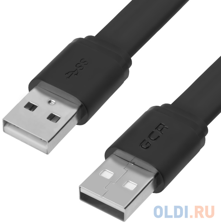 GCR Кабель PROF 2.0m USB 2.0 AM/AM плоский, черный, GOLD, 28/24 AWG, экран, морозостойкий, GCR-UM7M-BСG-2.0m