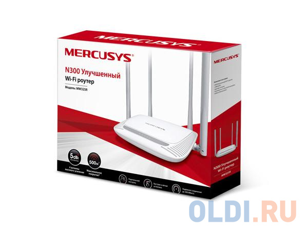 Маршрутизатор Mercusys MW325R Wi-Fi роутер, до 300 Мбит/с на 2,4 ГГц, 8, 1 порт WAN 100 Мбит/с  + 4 порта LAN 10/100 Мбит/с, 4 фиксированные антенны