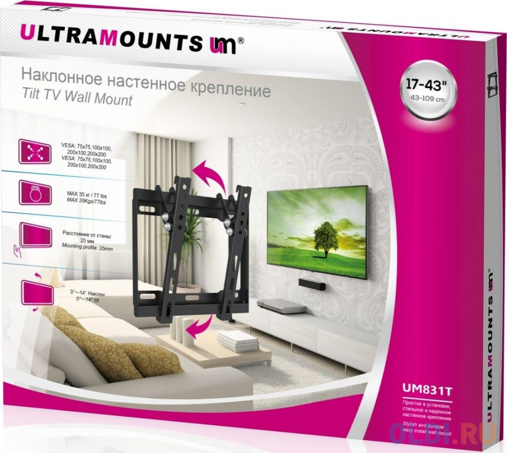 Кронштейн для телевизора Ultramounts UM 831TW белый 17"-43" макс.35кг настенный наклон