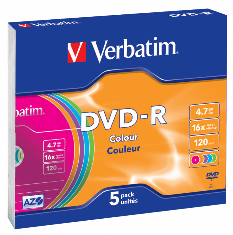 Диск DVD-R Verbatim 4.7Gb 16x Slim case (5шт) Color (43557)