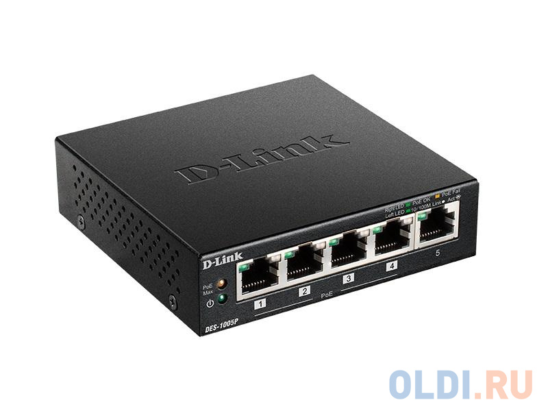 Коммутатор D-Link Switch DES-1005P/B1A Неуправляемый коммутатор с 5 портами 10/100Base-TX, функцией энергосбережения и поддержкой QoS (4 порта с подде в Москвe