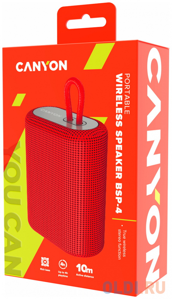 Canyon BSP-4 Bluetooth Speaker, BT V5.0, BLUETRUM AB5365A, TF card support, Type-C USB port, 1200mAh polymer battery, Red, cable length 0.42m, 114*93* в Москвe