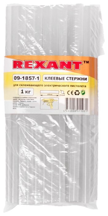 Клеевые стержни REXANT 1.12 см x 27 см, прозрачный, 37 шт., 1 кг, пакет (09-1857-1)
