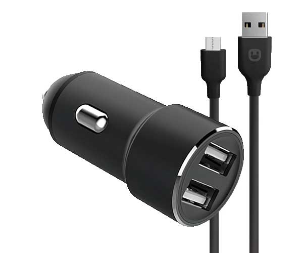 Автомобильное зарядное устройство Unico 2xUSB 2.0, 2,4A, металл, защита от КЗ, кабель micro usb, 1м, черный CCMICROUNC