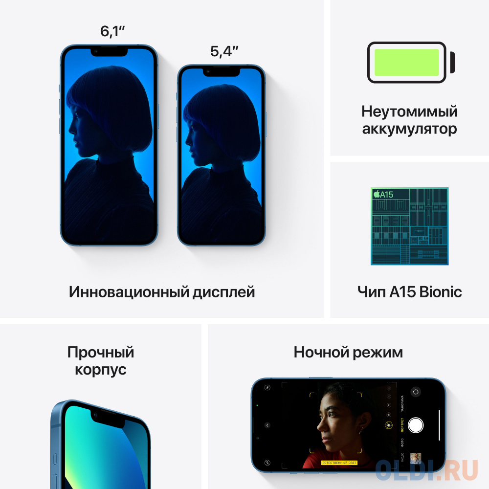 Смартфон Apple A2633 iPhone 13 256Gb 4Gb синий моноблок 3G 4G 1Sim 6.1" 1170x2532 iOS 16 12Mpix 802.11 a/b/g/n/ac/ax NFC GPS GSM900/1800 GSM1900 в Москвe