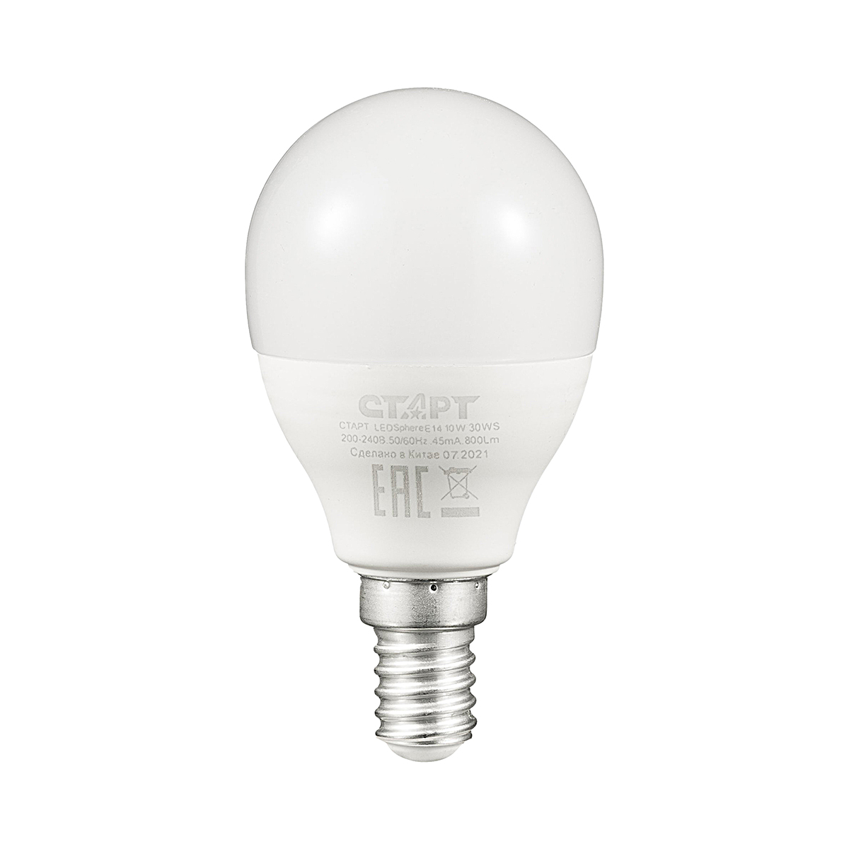 Лампа светодиодная E14 шар, 10 Вт, 3000 K / теплый свет, 800лм, 220 В, СТАРТ (4610116203019)