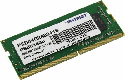 Память DDR4 SODIMM 4Gb, 2400MHz, CL17, 1.2 В, Patriot Memory, Signature (PSD44G240041S)