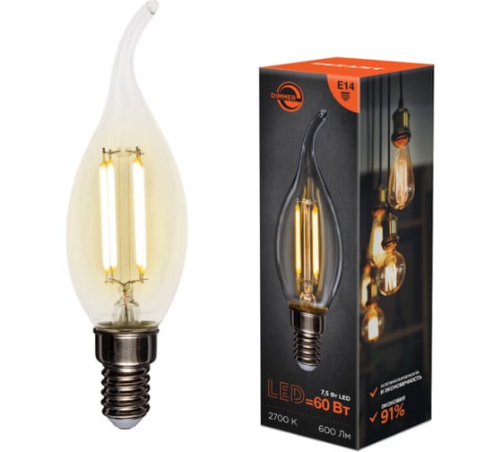 Лампа светодиодная E14 свеча на ветру/CN37, 7.5Вт, 2700K-2700K / 540, 600лм, филаментная, REXANT 604-105 (604-105)