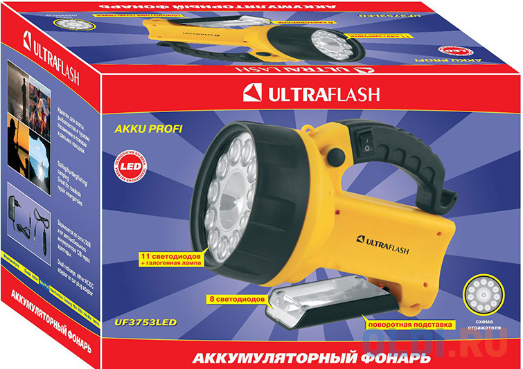 Фонарь ULTRAFLASH UF3753LED  аккум 220в/12в желтый 11 led.+ галог 4в 2ач пластик коробка