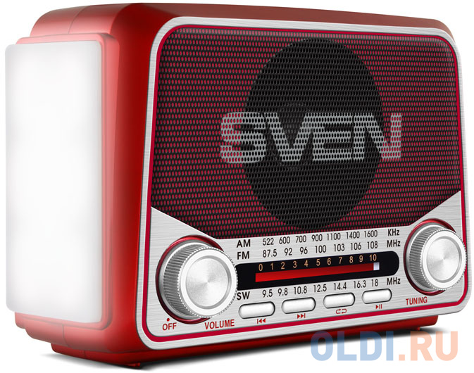 АС SVEN SRP-525, красный (3 Вт, FM/AM/SW, USB, microSD, фонарь, встроенный аккумулятор)