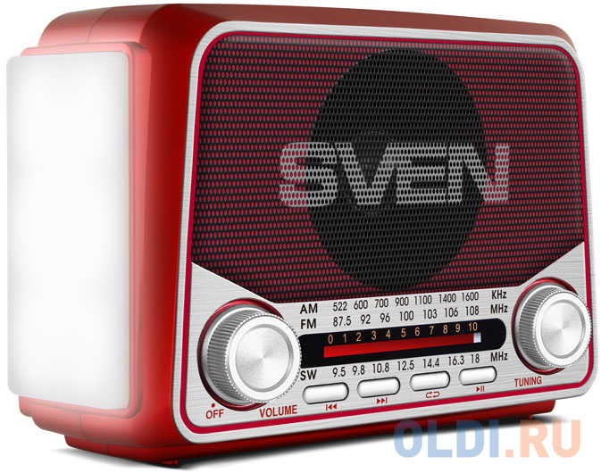 АС SVEN SRP-525, красный (3 Вт, FM/AM/SW, USB, microSD, фонарь, встроенный аккумулятор) в Москвe