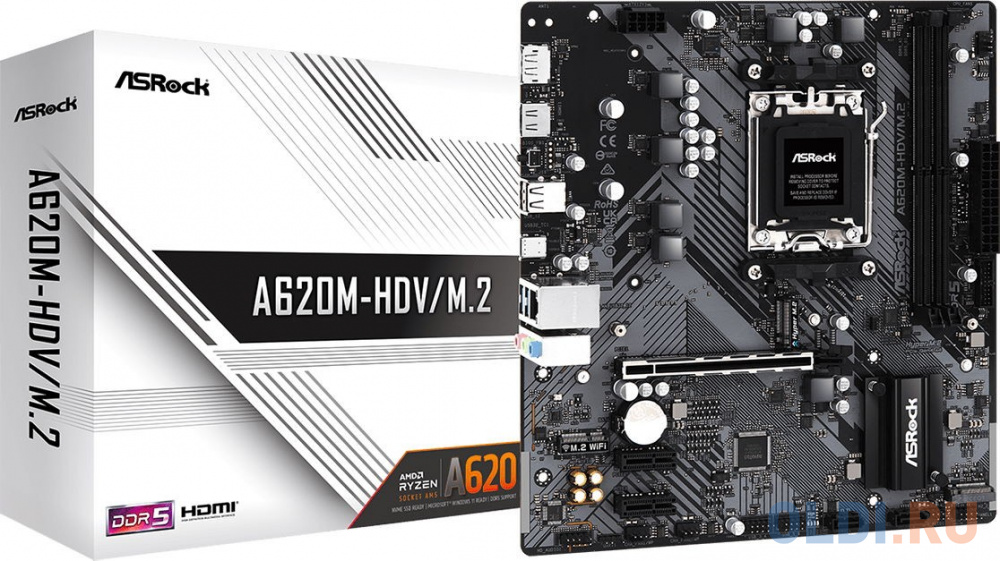 A620M-HDV/M.2, Socket AM5, AMD A620, 2xDDR5-5200, HDMI+DP, 1xPCI-Ex16, 2xPCI-Ex1, 2xSATA3(RAID 0/1/10), 2xM.2, 8 Ch Audio, GLan, (2+4)xUSB2.0, (2+2)xU