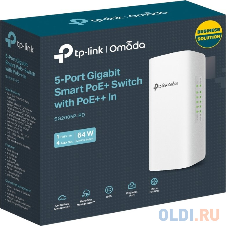 TP-Link SG2005P-PD, Коммутатор Smart линейки Omada с 5 гигабитными портами (1 порт с входящим PoE++, 4 порта с исходящим PoE+), всепогодный корпус в Москвe