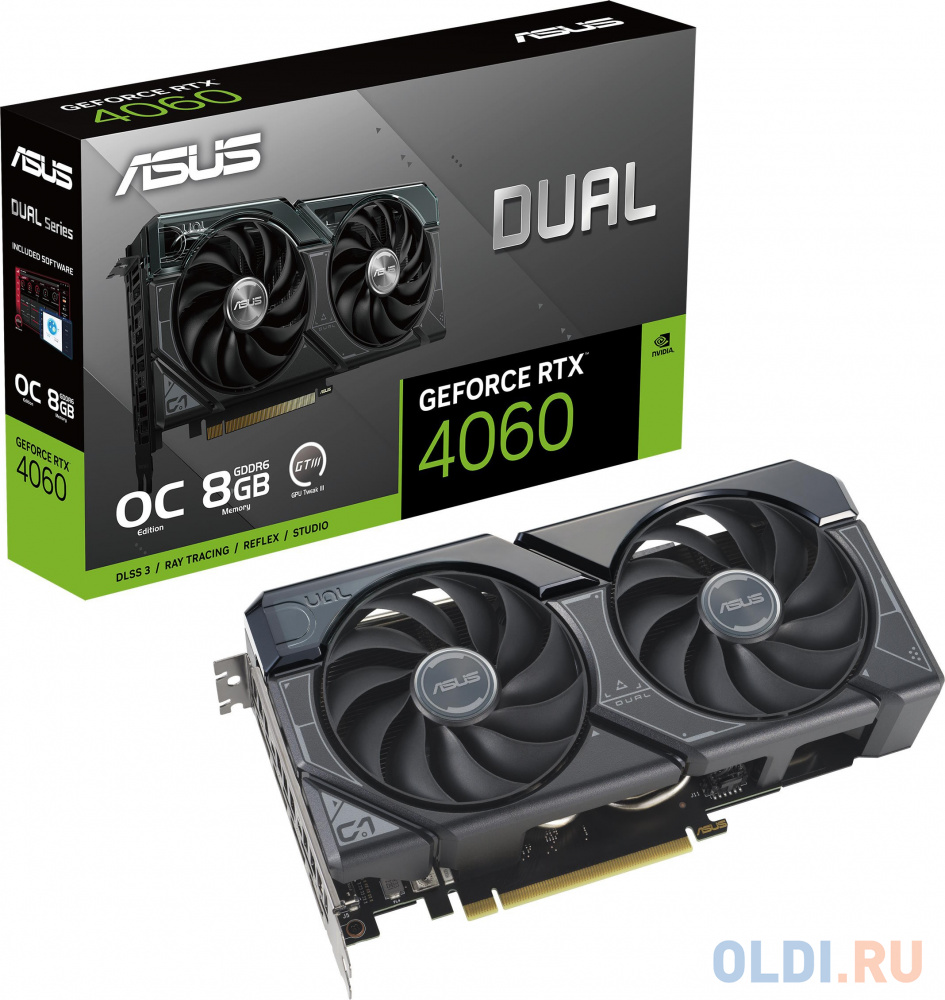 Видеокарта Asus PCI-E 4.0 DUAL-RTX4060-O8G NVIDIA GeForce RTX 4060 8192Mb 128 GDDR6 2505/17000 HDMIx1 DPx3 HDCP Ret в Москвe