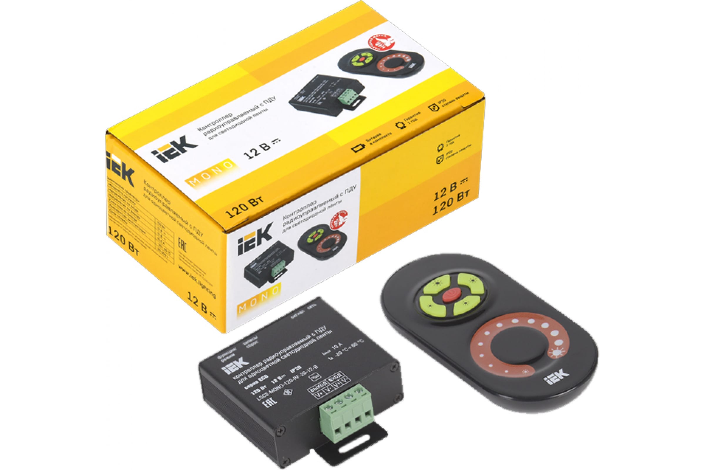 Контроллер IEK Mono 120 Вт для светодиодной ленты, с ПДУ радио MONO 1 канал, черный (LSC1-MONO-120-RF-20-12-B)
