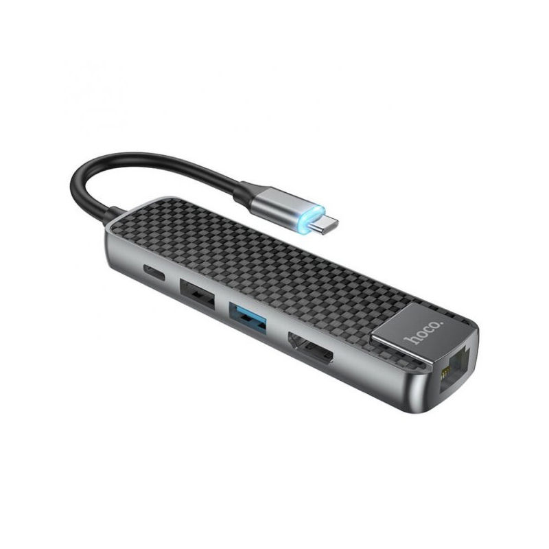 Хаб USB Hoco HB23 Easy 2xUSB/RJ45/HDMI + кабель Type-C Grey 6931474759337