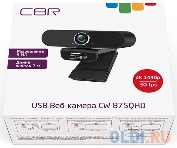 CBR CW 875QHD Black, Веб-камера с матрицей 5 МП, разрешение видео 2560х1440, USB 2.0, встроенный микрофон с шумоподавлением, автофокус, крепление на м в Москвe