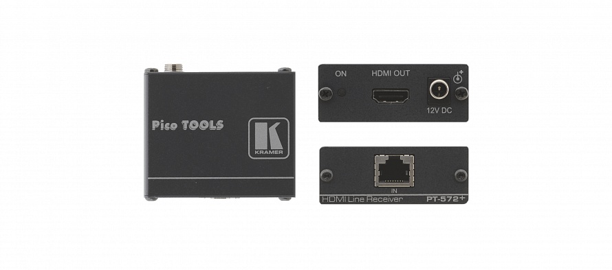 Удлинитель по витой паре Kramer PT-572+, HDMI, 1920x1080 до 70м, приемник сигнала HDMI из кабеля витой пары (TP), поддержка HDCP и HDTV, HDMI (V.1.4 c 3D, Deep Color, x.v.Color™, Lip Sync, HDMI Uncompressed Audio Channels, Dolby TrueHD, DTS-HD) с адаптеро