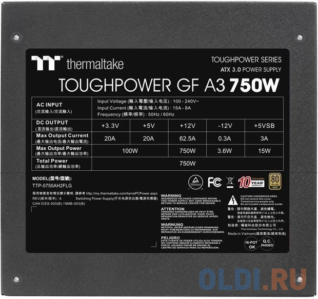 Toughpower GF A3/0750W/Fully Modular/Non Light/Full Range/Analog/80 Plus Gold/EU/JP Main CAP PS-TPD-0750FNFAGE-H All Flat Cables/Gen 5