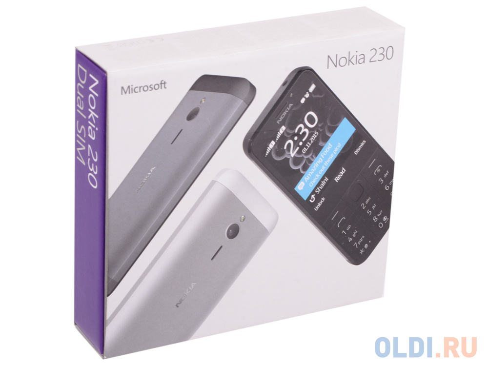 Мобильный телефон Nokia 230 Dual Sim White Silver , 2.8&#039;&#039; 320x240, 16MB RAM, 16MB, up to 32GB flash, 2Mpix, 2 Sim, 2G, BT, 1200mAh, 92g, 124