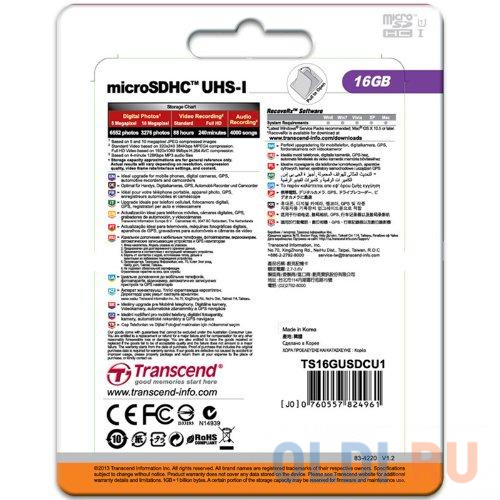 Карта памяти MicroSDHC 16GB Transcend UHS-I U1 (TS16GUSDCU1)