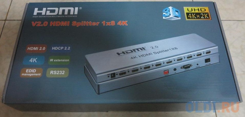 Разветвитель Orient HSP0108H-2.0, HDMI 4K Splitter 1-8, HDMI 2.0/3D, UHDTV 4K/ 60Hz (3840x2160)/HDTV1080p, HDCP2.2, EDID управление, RS232 порт, IR вх