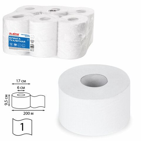 Бумага туалетная Laima Universal White T2, слоев: 1, длина 200м, белый, 12шт. (111335)
