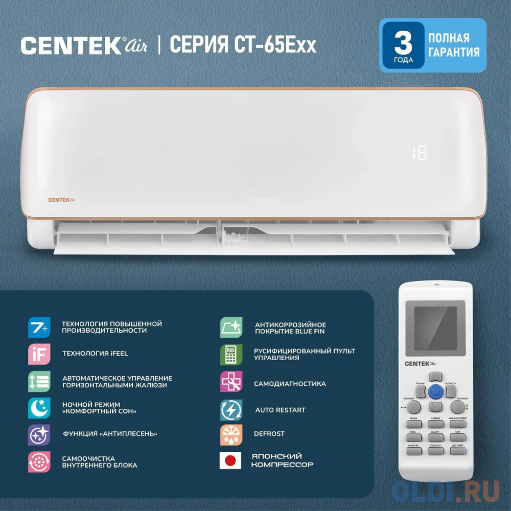 Centek Сплит-системаCT-65E24, не инверторная, 7000/7100W скрытый LED дисплей, EER-3.01, компрессор HIGHLY CT-65E24