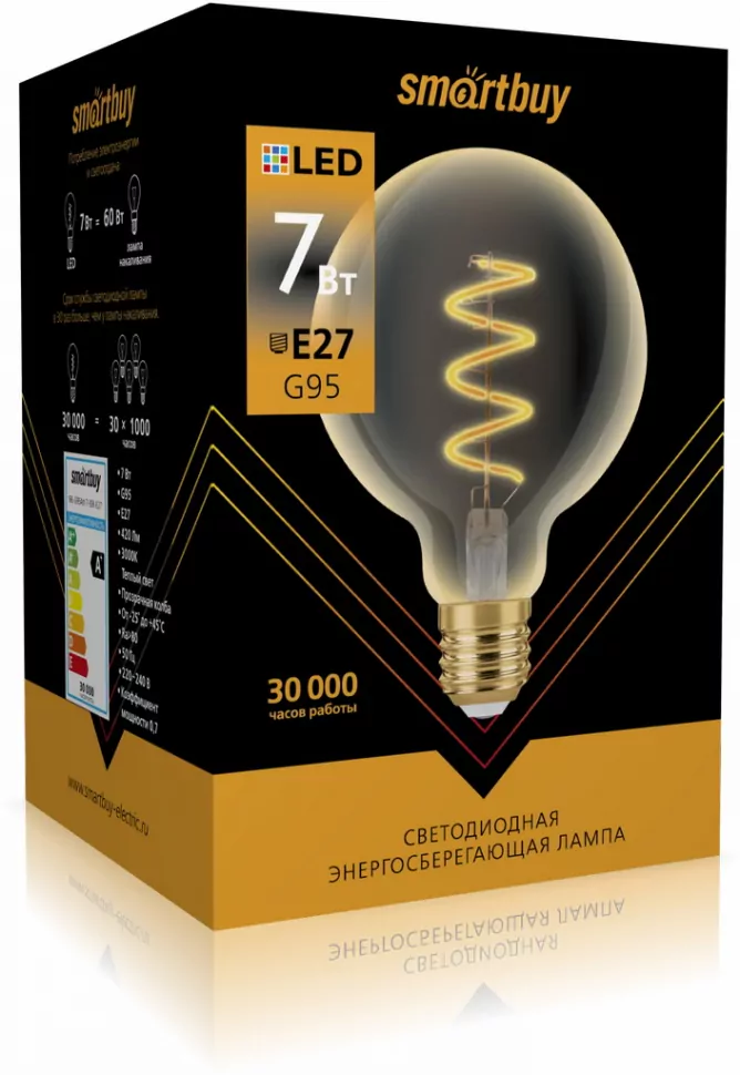 Лампа светодиодная E27 шар/G95, 7Вт, 3000K / теплый свет, 420лм, филаментная, SMARTBUY Smartbuy-G95-7W/3000/E27 (SBL-G95Art-7-30K-E27)
