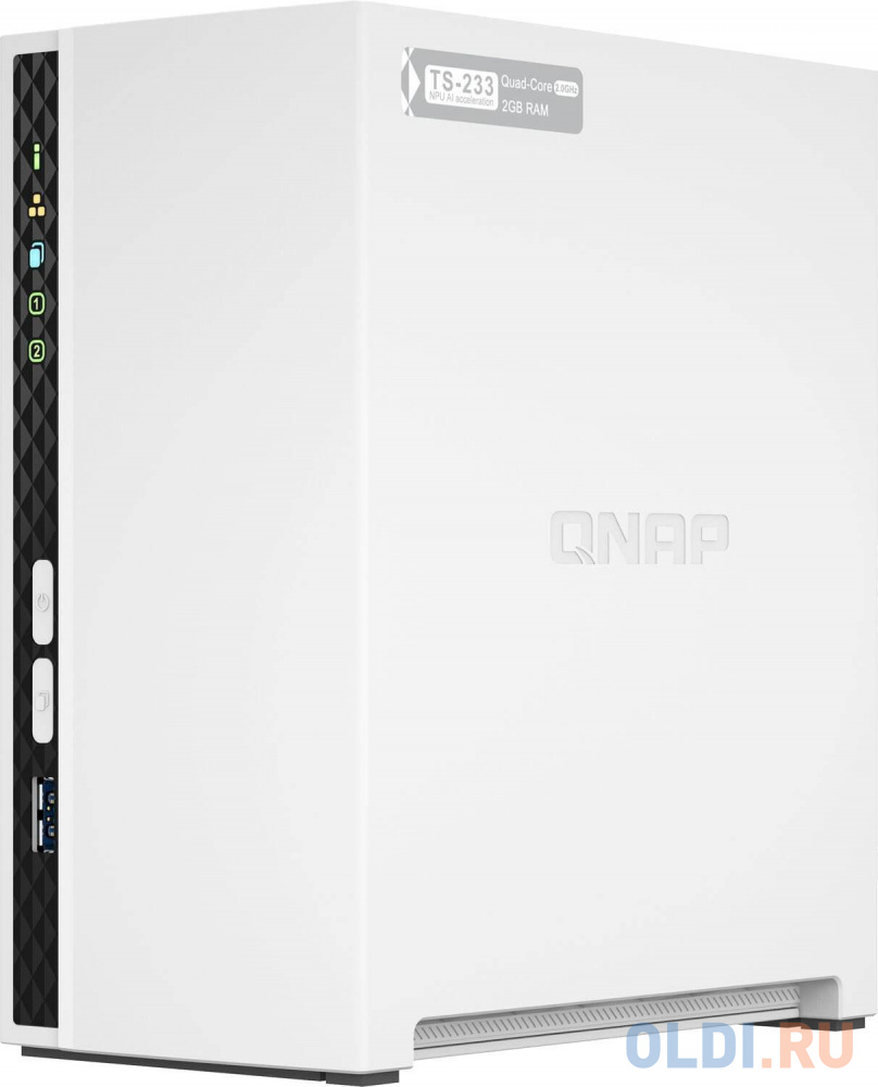 SMB QNAP TS-233 NAS 2 HDD trays. ARM 4-core Cortex-A55 2.0GHz, ram 2 GB (max), 1x1GbE, 2xUSB 2.0 port,1xUSB 3.2 Gen 1