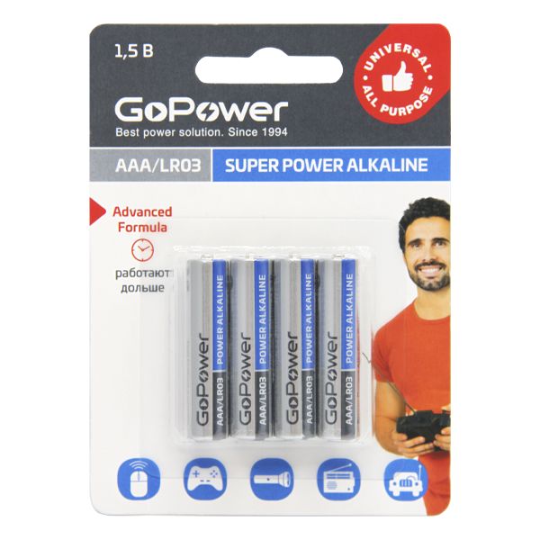 Батарейка GoPower LR03 AAA BL4 Alkaline 1.5V (4/48/576) блистер (4 шт.) в Москвe