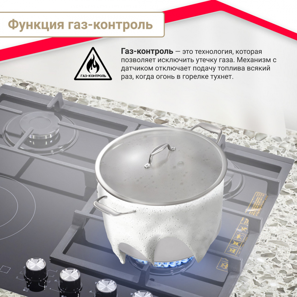 Комбинированная варочная панель Simfer H60H32S516, 3 газовые конфорки, 1 электро с 2-й зоной расширения, газ-контроль, автоподжиг в Москвe