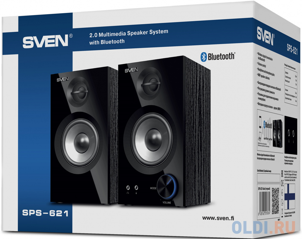 Колонки SVEN SPS-621 2.0 чёрные (2x14W, Bluetooth, дерево) в Москвe