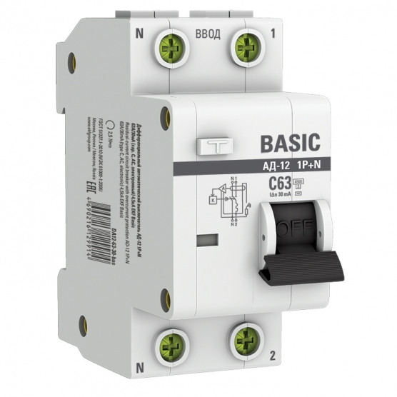 Выключатель автоматический дифференциального тока EKF Basic АД-12, 1P+N, C, 63А, AC/30мА (DA12-63-30-bas)