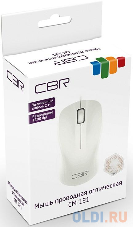 CBR CM 131 White, Мышь проводная, оптическая, USB, 1000 dpi, 3 кнопки и колесо прокрутки, ABS-пластик, длина кабеля 2 м, цвет белый в Москвe