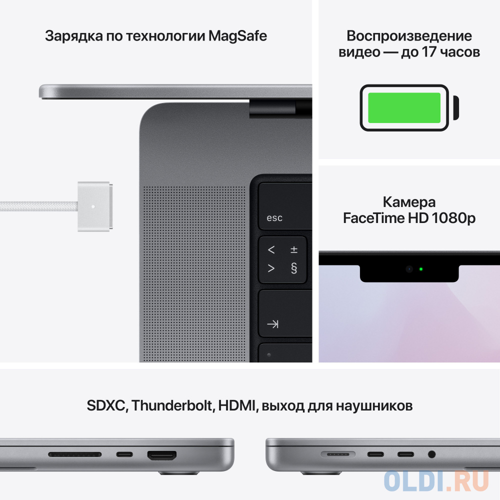 Ноутбук Apple MacBook Pro 14 A2442 14.2" 3024x1964 Apple -M1 Pro SSD 1024 Gb 32Gb Bluetooth 5.0 WiFi (802.11 b/g/n/ac/ax) Apple M1 Pro (14-core)