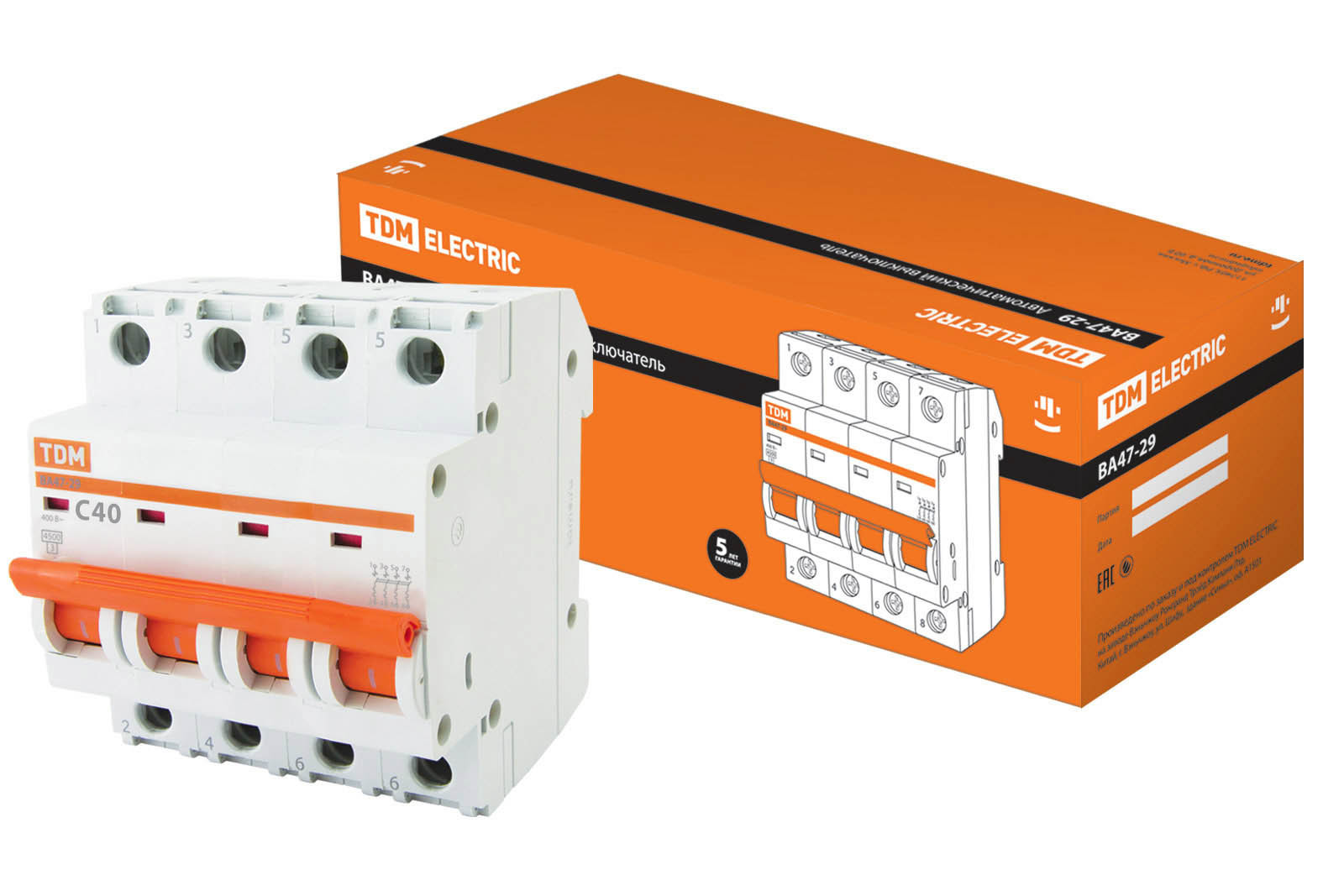 Выключатель автоматический TDM ВА47-29 четырехполюсный (4P/4П) 40A C 4.5кА, под опломбировку (SQ0206-0129) в Москвe