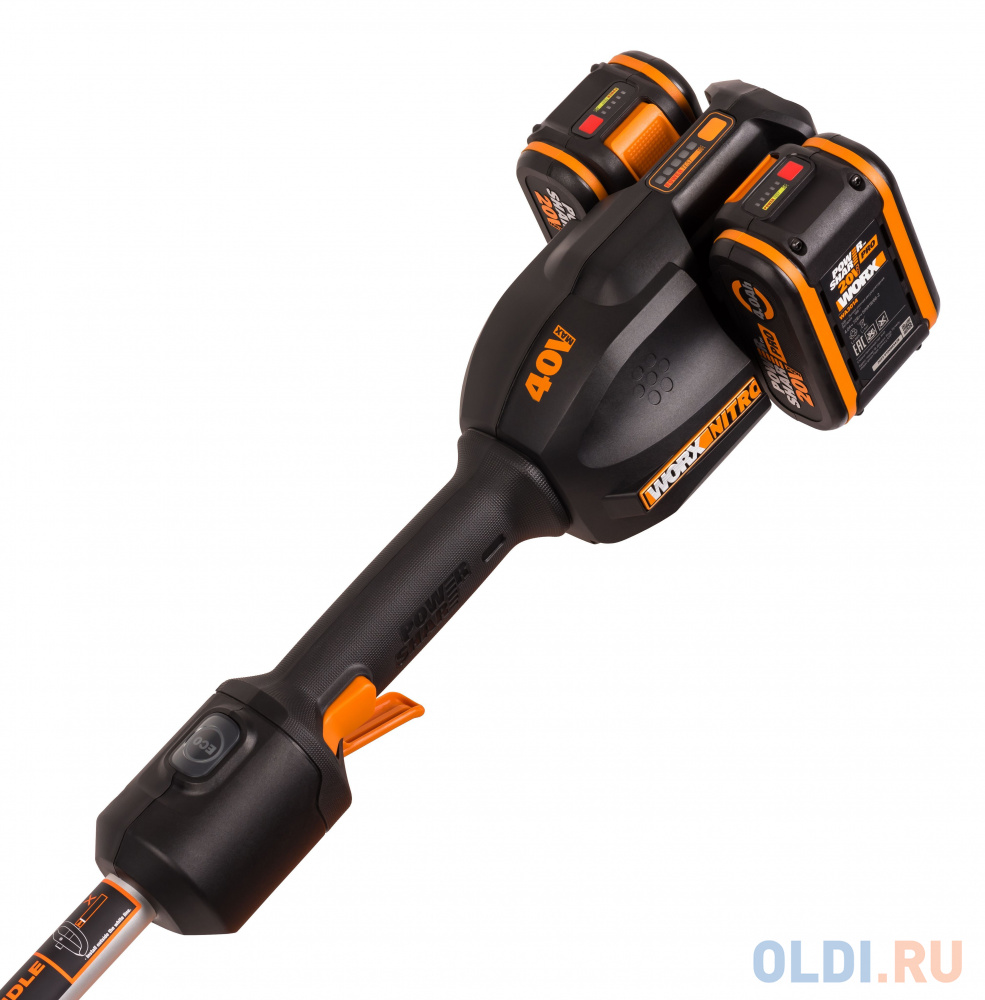 WORX Триммер аккумуляторный бесщёточный 40В, 38см, 4Ач х2, двойное ЗУ 2x2A, коробка WG185E