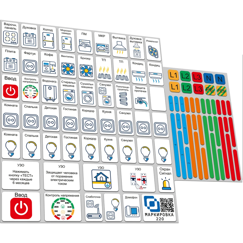 Комплект наклеек на электрощит для электрических щитов до 48 модулей Маркировка 220
