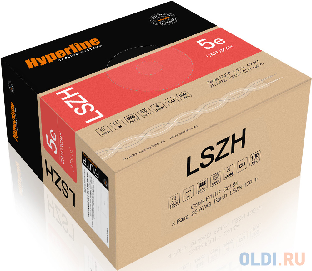 Hyperline FUTP4-C5E-P26-IN-LSZH-GY-100 (100 м) кабель витая пара, экранированная F/UTP, категория 5e, 4 пары (26 AWG), многожильный (patch), экран - ф