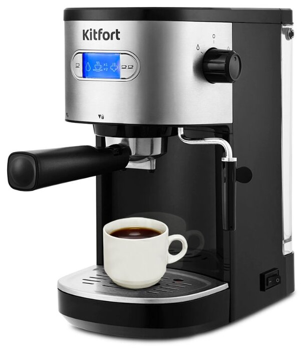 Кофеварка рожковая Kitfort KT-740, 1.45 кВт, кофе молотый, 1.1 л, ручной капучинатор, дисплей, черный/серебристый