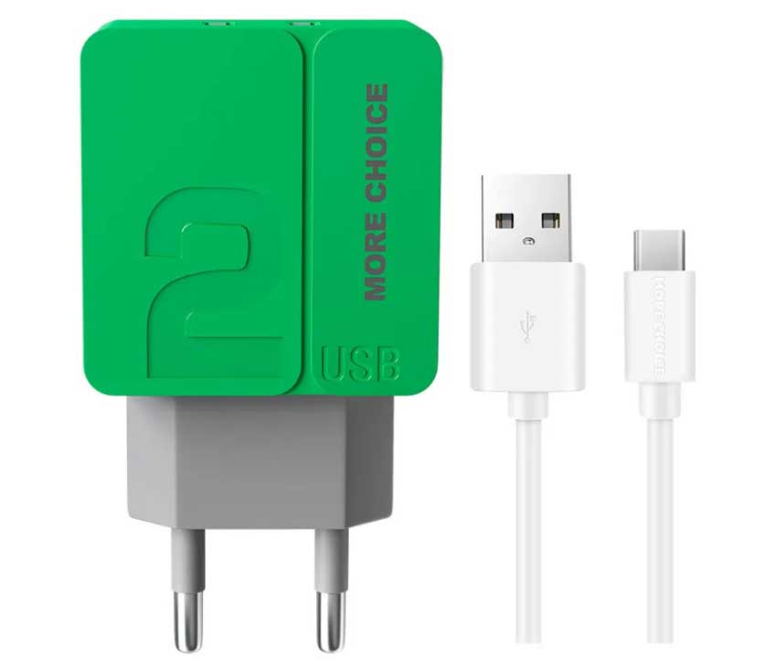 Сетевое зарядное устройство More choice 2USB 2.4A для Type-C NC46a 1м (Green) в Москвe