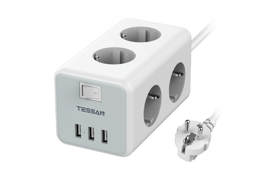 Сетевой фильтр Tessan TS-306, 6-розеток, 3xUSB, 2 м, серый (6972542230792)